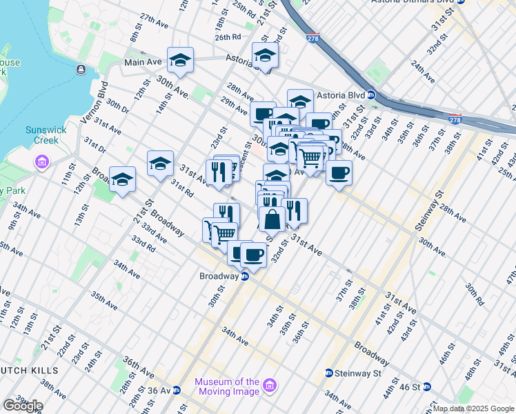 map of restaurants, bars, coffee shops, grocery stores, and more near 30-83 29th Street in Queens