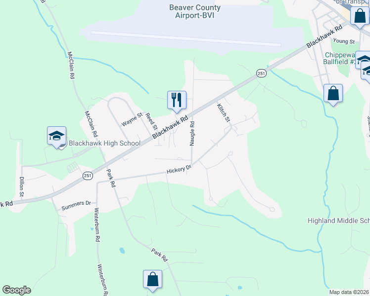 map of restaurants, bars, coffee shops, grocery stores, and more near 222 Naugle Road in Beaver Falls