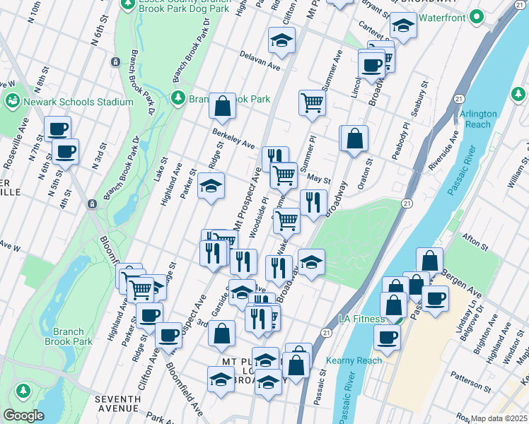 map of restaurants, bars, coffee shops, grocery stores, and more near 73 Woodside Place in Newark