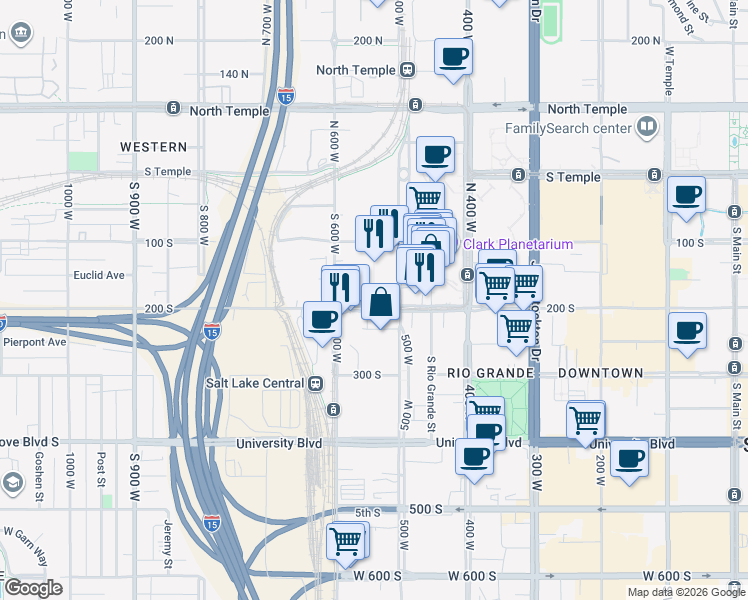 map of restaurants, bars, coffee shops, grocery stores, and more near 550 West 200 South in Salt Lake City