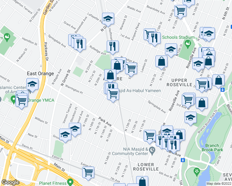 map of restaurants, bars, coffee shops, grocery stores, and more near 311 Ampere Plaza in East Orange