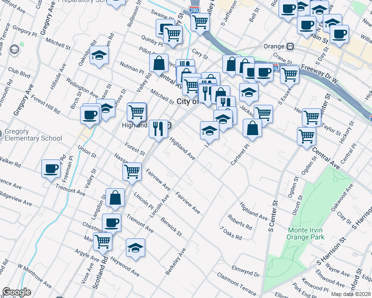 map of restaurants, bars, coffee shops, grocery stores, and more near 463 Highland Avenue in City of Orange