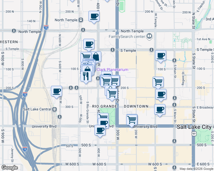 map of restaurants, bars, coffee shops, grocery stores, and more near 342 West 200 South in Salt Lake City