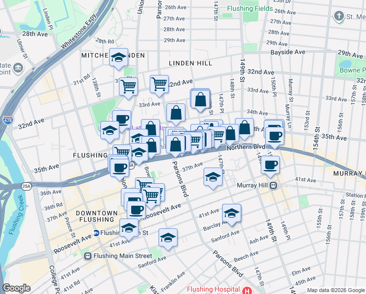 map of restaurants, bars, coffee shops, grocery stores, and more near 144-49 Northern Boulevard in Queens