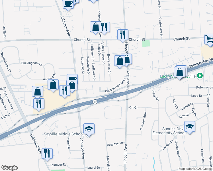 map of restaurants, bars, coffee shops, grocery stores, and more near 66 Ticonderoga Drive in Bohemia