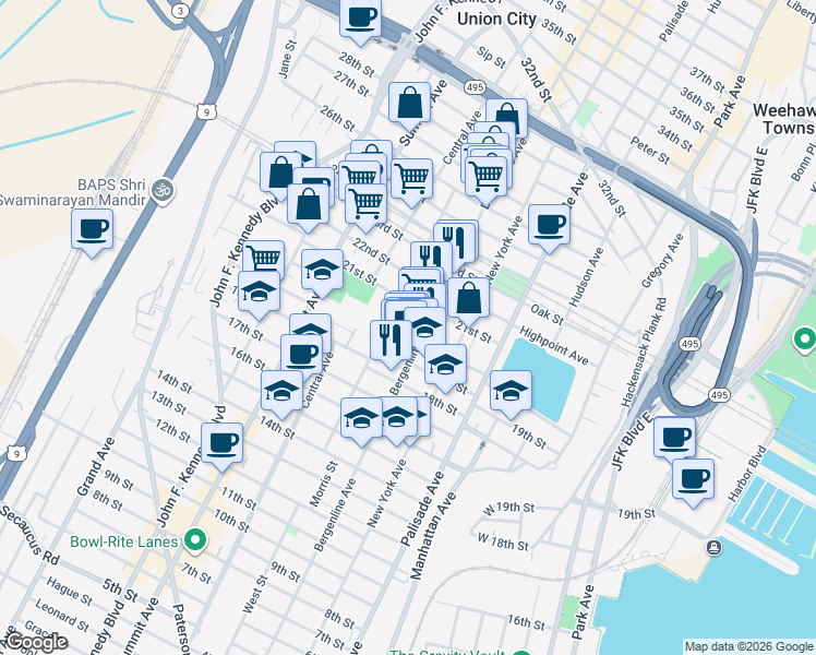 map of restaurants, bars, coffee shops, grocery stores, and more near 2025 Bergenline Avenue in Union City