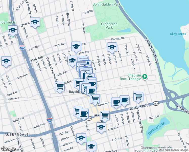 map of restaurants, bars, coffee shops, grocery stores, and more near 39-2 214th Place in Queens