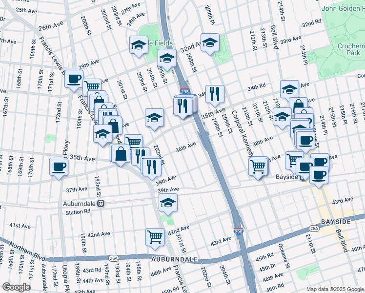 map of restaurants, bars, coffee shops, grocery stores, and more near 35-41 205th Street in Queens
