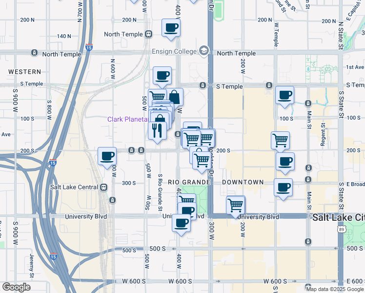 map of restaurants, bars, coffee shops, grocery stores, and more near 380 West 200 South in Salt Lake City