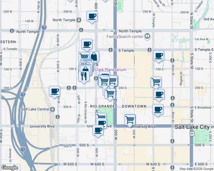 map of restaurants, bars, coffee shops, grocery stores, and more near 328 West 200 South in Salt Lake City