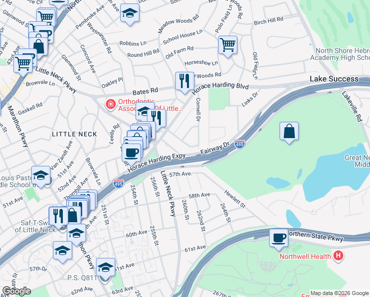 map of restaurants, bars, coffee shops, grocery stores, and more near 67 Soundview Road in Lake Success