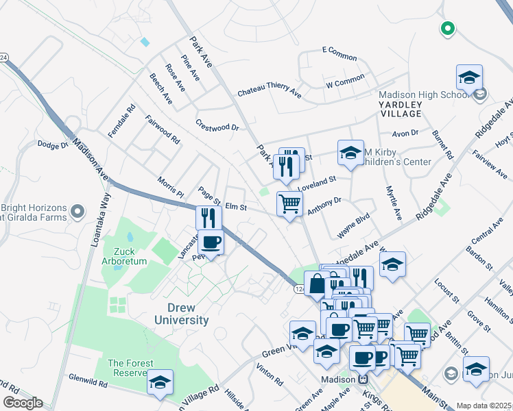 map of restaurants, bars, coffee shops, grocery stores, and more near 33 Elm Street in Madison