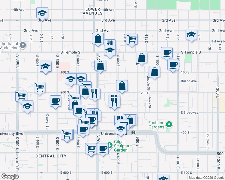 map of restaurants, bars, coffee shops, grocery stores, and more near 178 South 800 East Street in Salt Lake City