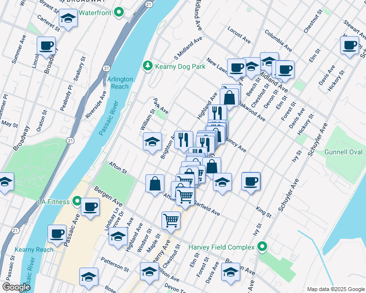 map of restaurants, bars, coffee shops, grocery stores, and more near 361 Highland Avenue in Kearny