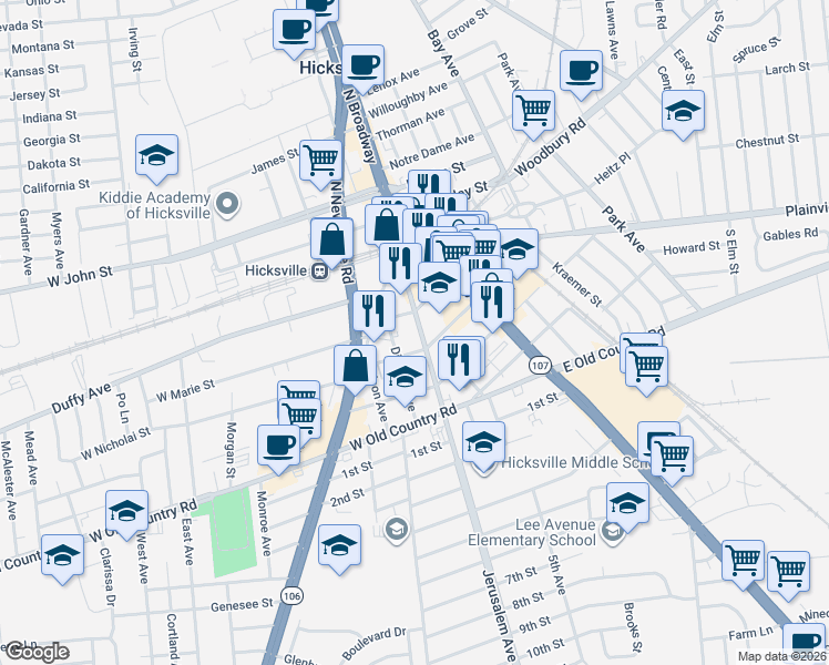map of restaurants, bars, coffee shops, grocery stores, and more near 63 West Marie Street in Hicksville