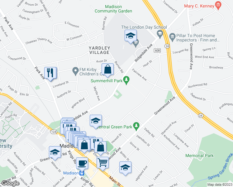 map of restaurants, bars, coffee shops, grocery stores, and more near 105 Ridgedale Avenue in Madison
