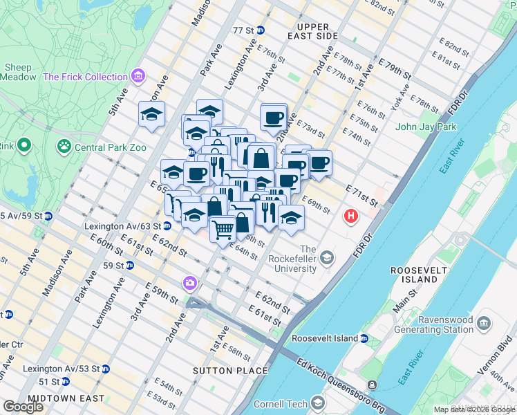 map of restaurants, bars, coffee shops, grocery stores, and more near 317 East 67th Street in New York