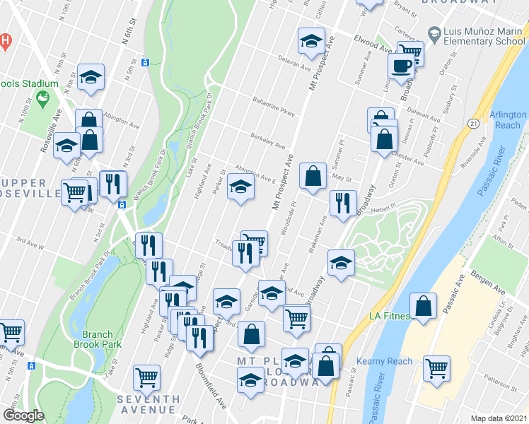 map of restaurants, bars, coffee shops, grocery stores, and more near 380 Mount Prospect Avenue in Newark