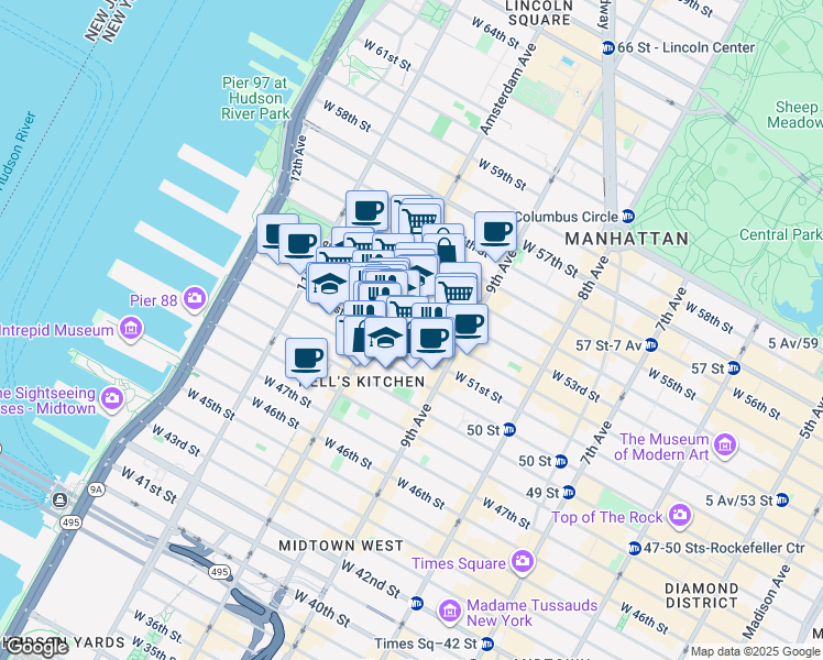 map of restaurants, bars, coffee shops, grocery stores, and more near 438 West 52nd Street in New York