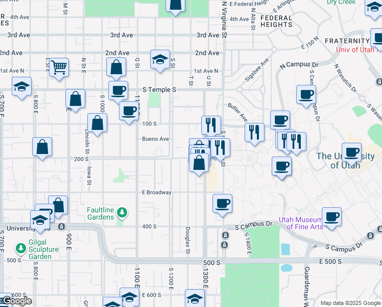 map of restaurants, bars, coffee shops, grocery stores, and more near 1255 East 200 South in Salt Lake City