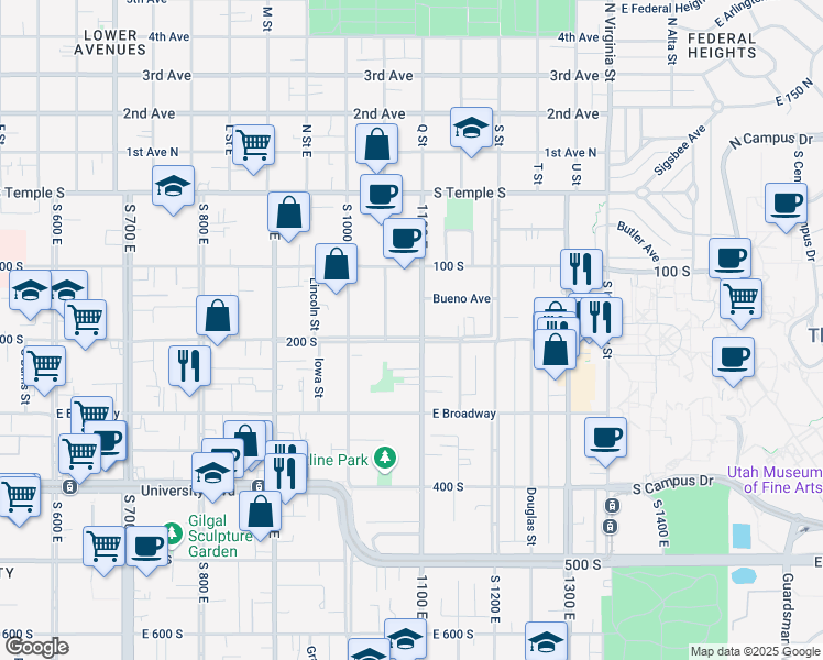 map of restaurants, bars, coffee shops, grocery stores, and more near 1105 East 200 South in Salt Lake City