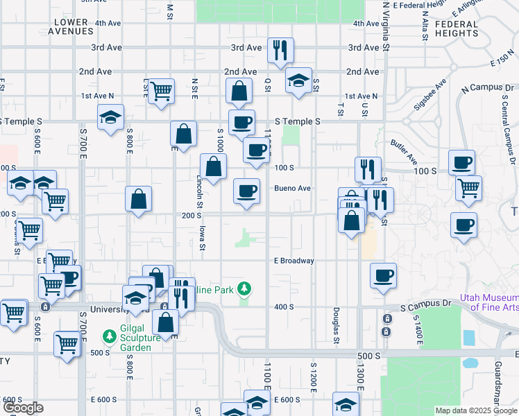 map of restaurants, bars, coffee shops, grocery stores, and more near 1105 East 200 South in Salt Lake City