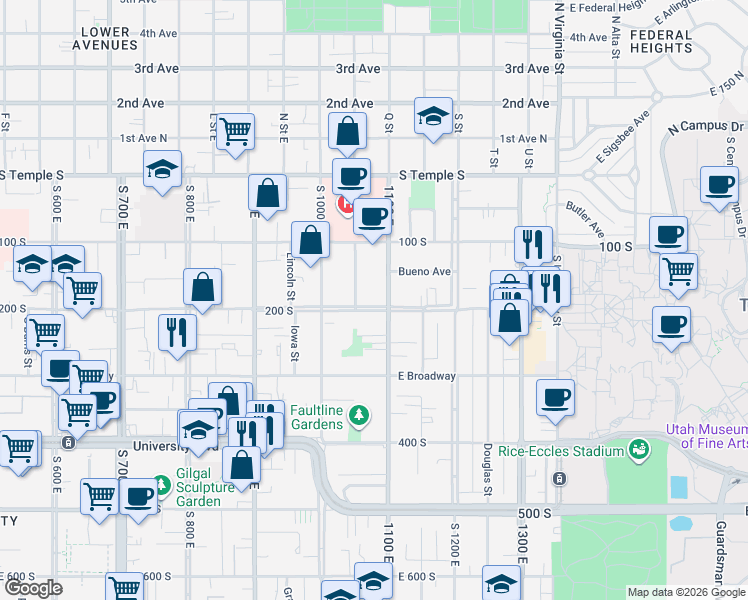 map of restaurants, bars, coffee shops, grocery stores, and more near 1105 East 200 South in Salt Lake City