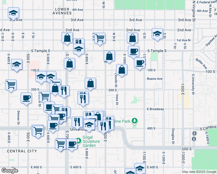 map of restaurants, bars, coffee shops, grocery stores, and more near 174 South 900 East in Salt Lake City