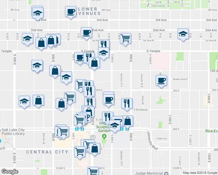 map of restaurants, bars, coffee shops, grocery stores, and more near 178 South 800 East Street in Salt Lake City
