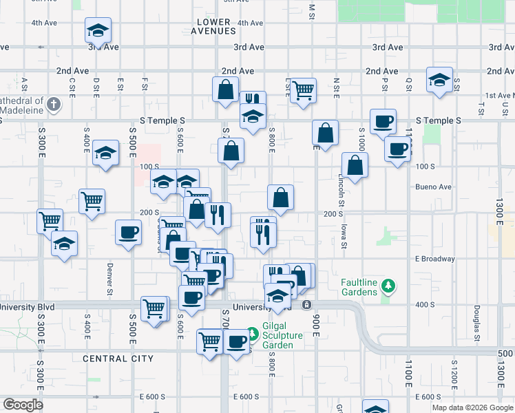 map of restaurants, bars, coffee shops, grocery stores, and more near 178 South 800 East Street in Salt Lake City