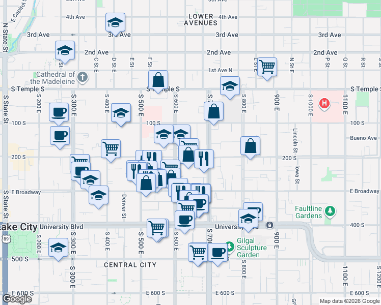 map of restaurants, bars, coffee shops, grocery stores, and more near 625 East 200 South in Salt Lake City