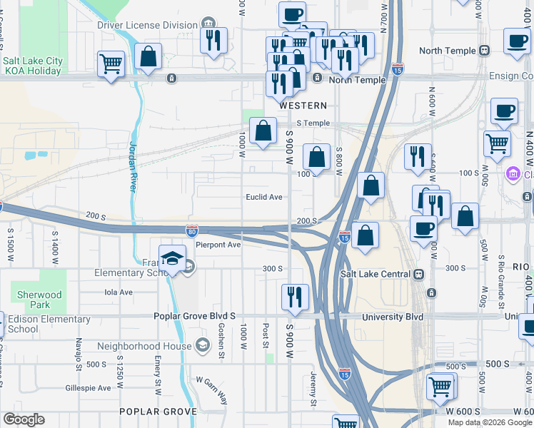 map of restaurants, bars, coffee shops, grocery stores, and more near 934 West 200 South in Salt Lake City