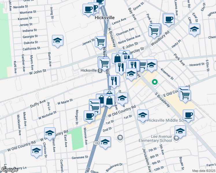map of restaurants, bars, coffee shops, grocery stores, and more near 2 Nelson Avenue in Hicksville