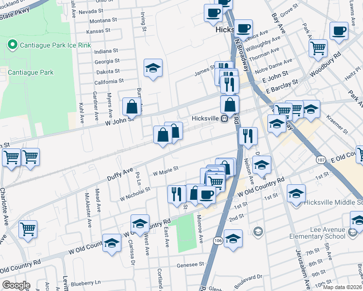 map of restaurants, bars, coffee shops, grocery stores, and more near 148 Duffy Avenue in Hicksville