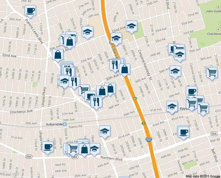 map of restaurants, bars, coffee shops, grocery stores, and more near 35-32 204th Street in Queens