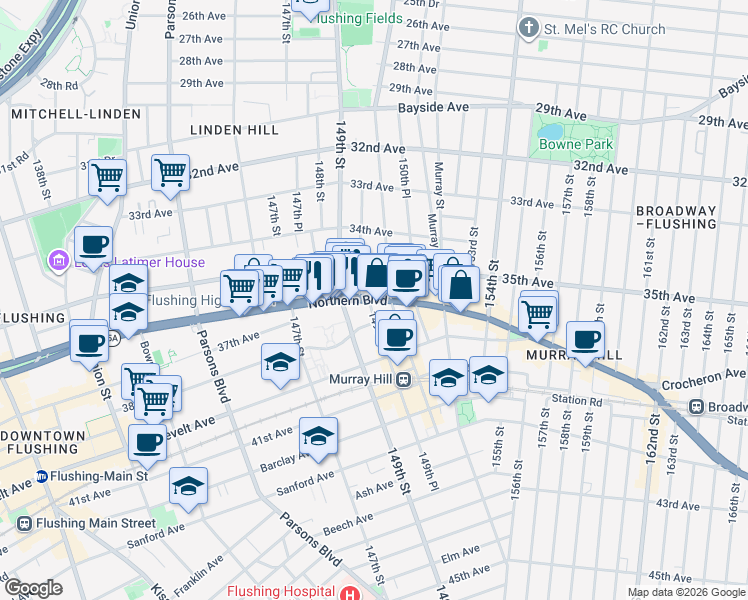 map of restaurants, bars, coffee shops, grocery stores, and more near 35-35 149th Place in Queens