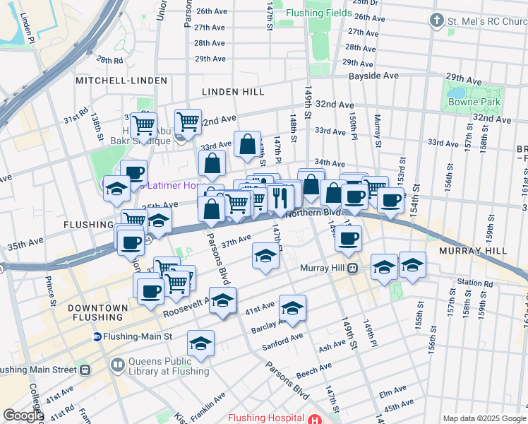 map of restaurants, bars, coffee shops, grocery stores, and more near 146-25 Northern Boulevard in Queens