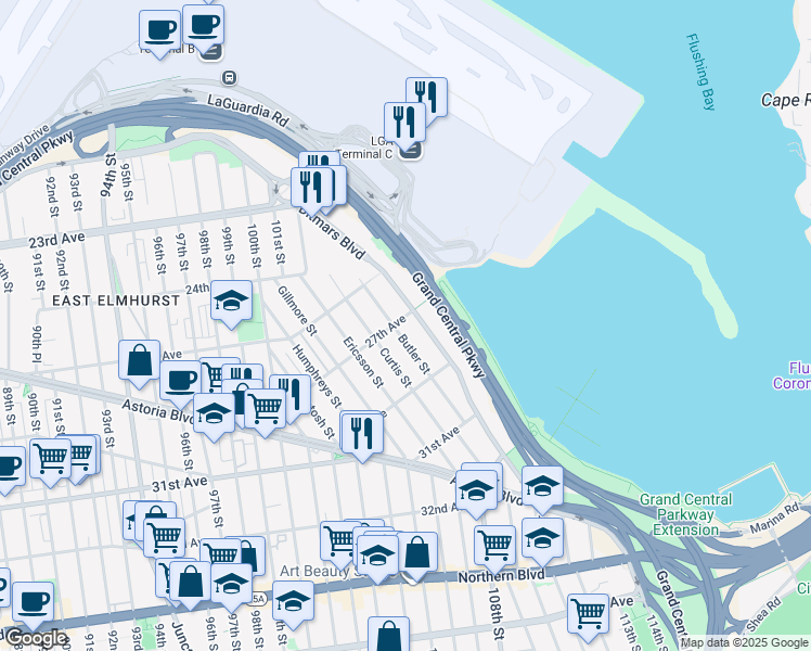 map of restaurants, bars, coffee shops, grocery stores, and more near 106-08 27th Avenue in Queens