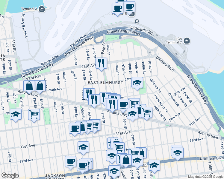 map of restaurants, bars, coffee shops, grocery stores, and more near 24-16 95th Street in Queens