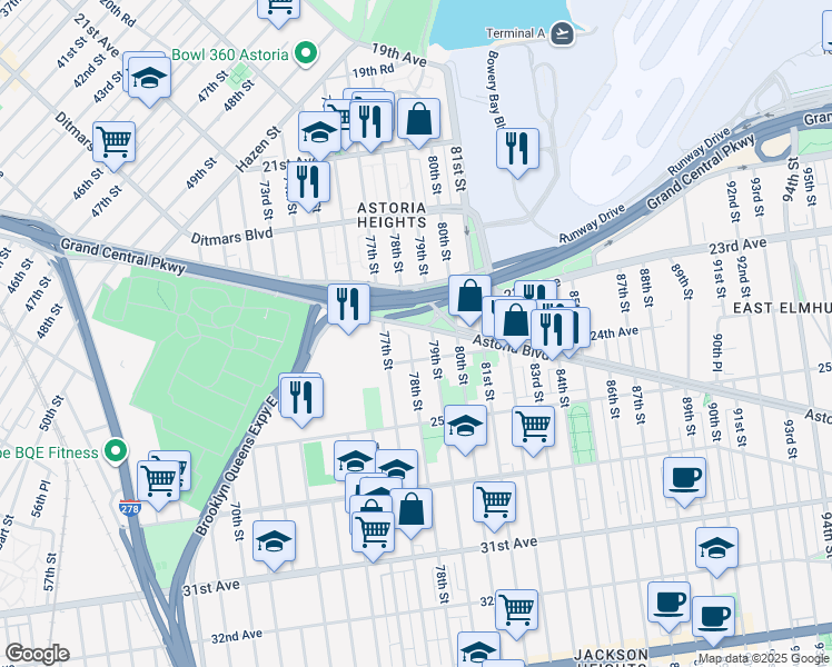 map of restaurants, bars, coffee shops, grocery stores, and more near 2350 79th Street in Queens