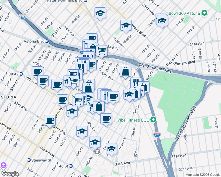 map of restaurants, bars, coffee shops, grocery stores, and more near 25-19 45th Street in Queens