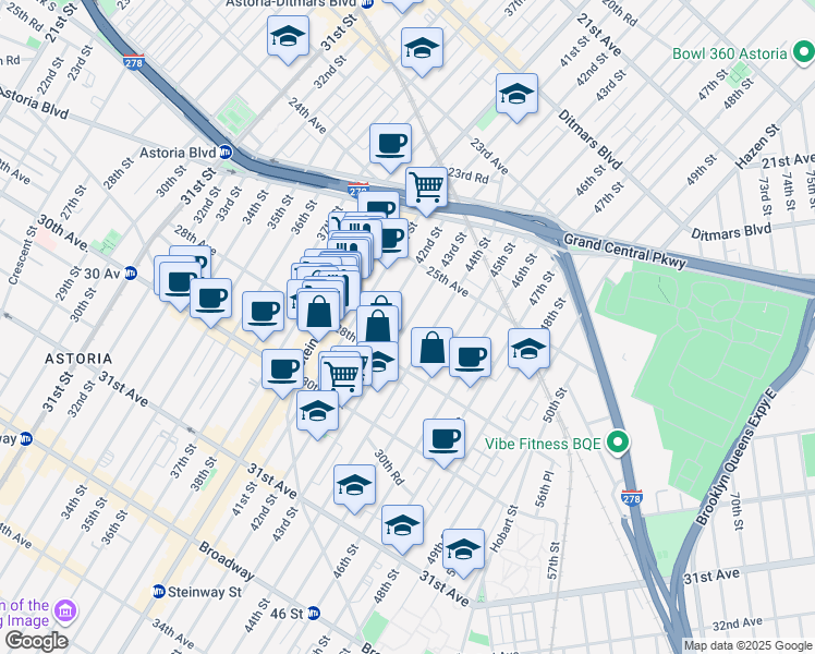 map of restaurants, bars, coffee shops, grocery stores, and more near 25-63 42nd Street in Queens