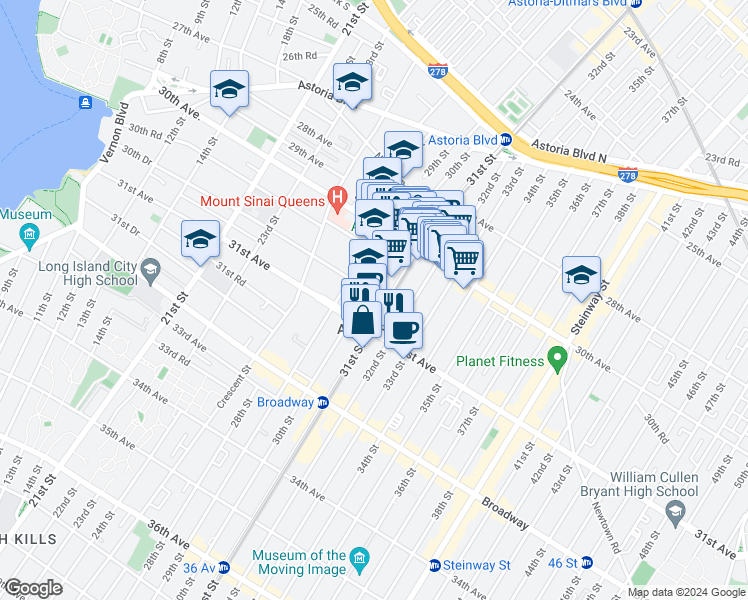map of restaurants, bars, coffee shops, grocery stores, and more near 30-11 30th Drive in Queens