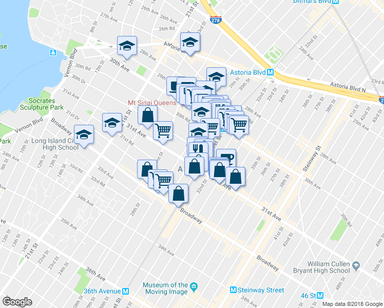 map of restaurants, bars, coffee shops, grocery stores, and more near 30-83 29th Street in Queens