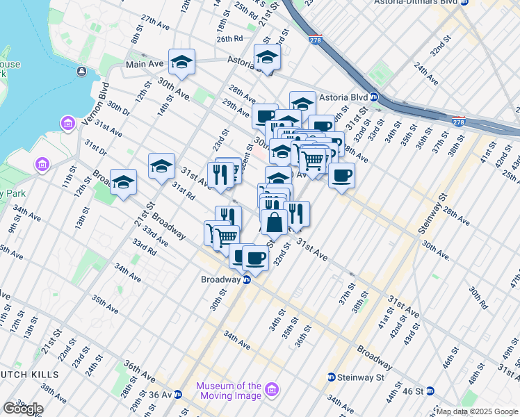 map of restaurants, bars, coffee shops, grocery stores, and more near 30-83 29th Street in Queens