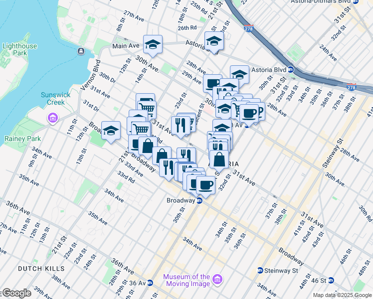 map of restaurants, bars, coffee shops, grocery stores, and more near in Queens