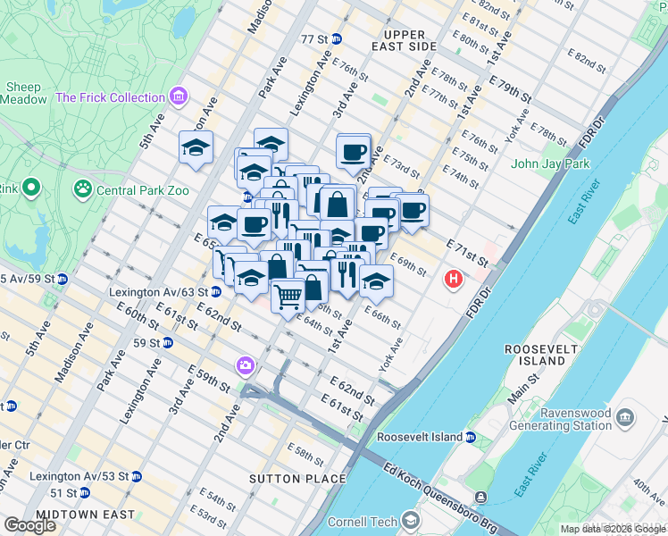 map of restaurants, bars, coffee shops, grocery stores, and more near in New York