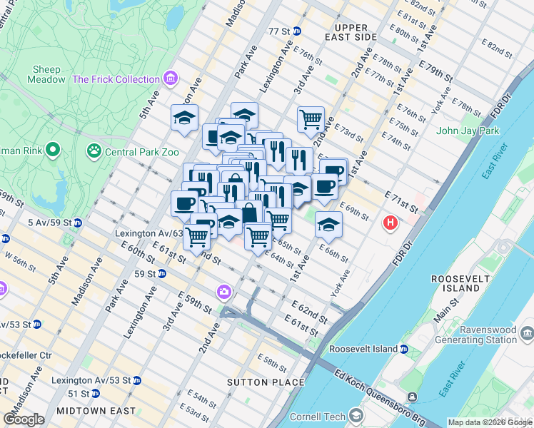 map of restaurants, bars, coffee shops, grocery stores, and more near 221 East 66th Street in New York