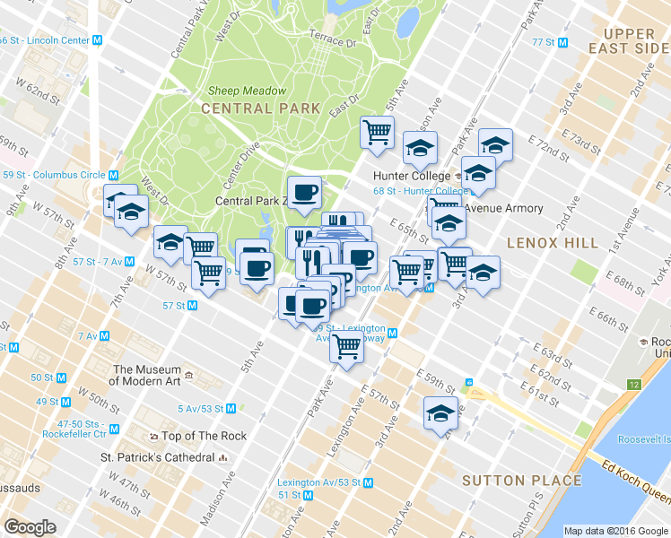 map of restaurants, bars, coffee shops, grocery stores, and more near 10 East 62nd Street in New York