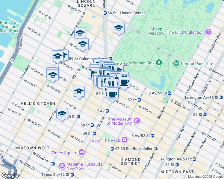 map of restaurants, bars, coffee shops, grocery stores, and more near 1752 Broadway in New York